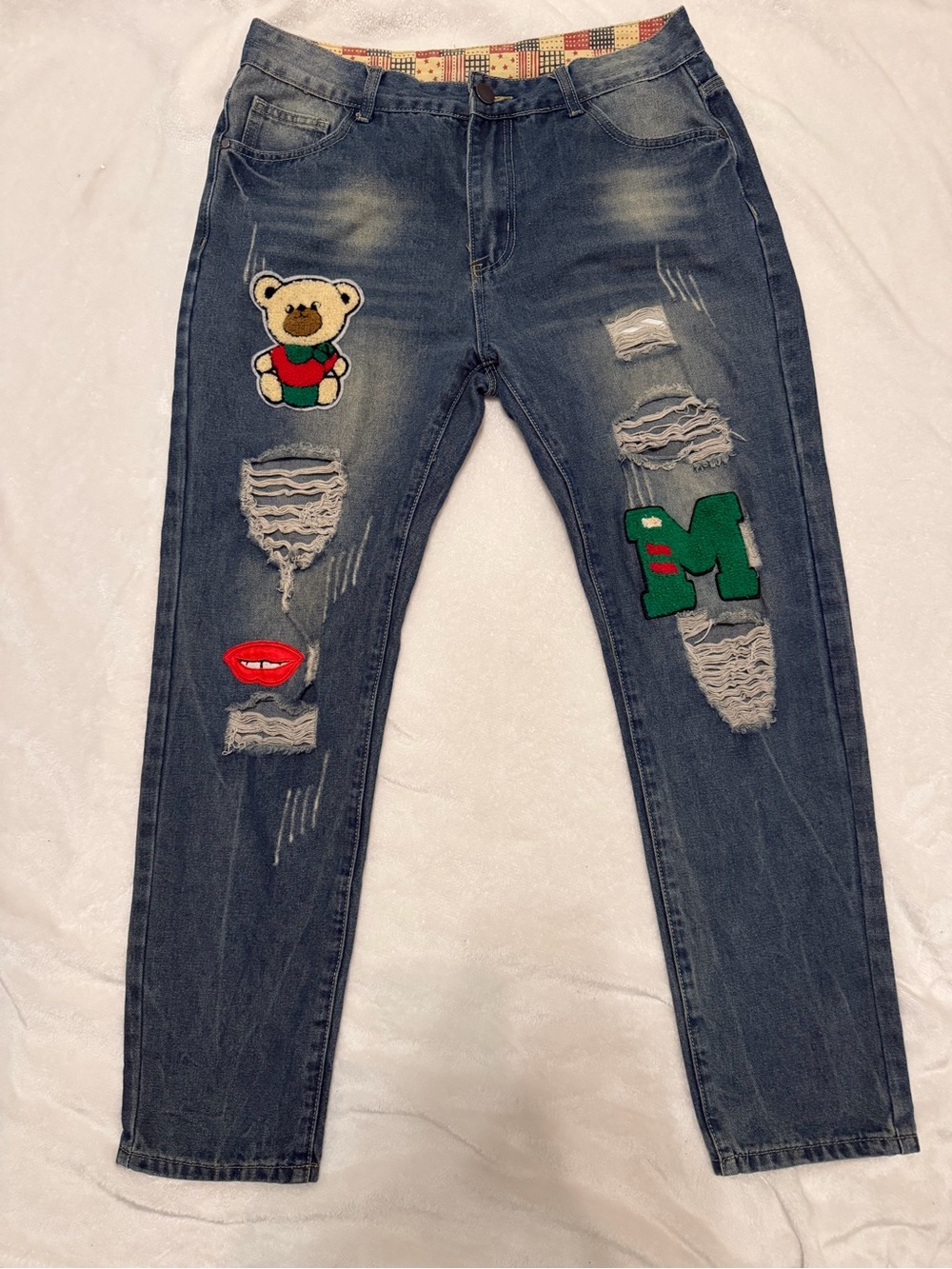 Men's Distressed Dark Blue Patchwork Jeans